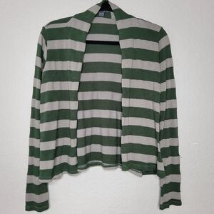 Green and Grey Striped Open-Front Cardigan